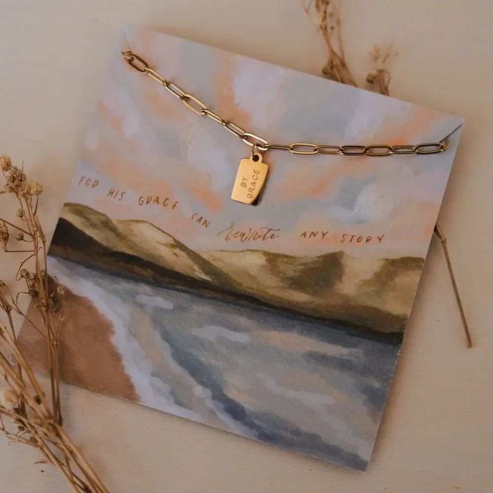 New Dear Heart Gold Link Chain Necklace with 'By His Grace' Tag